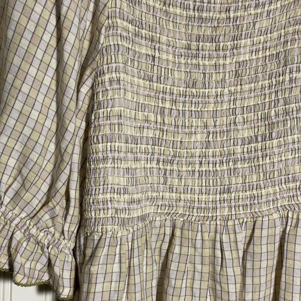 Old Navy Cottagecore Cream Plaid Peasant Top Puff Sleeve Smocked Ruffle - Large